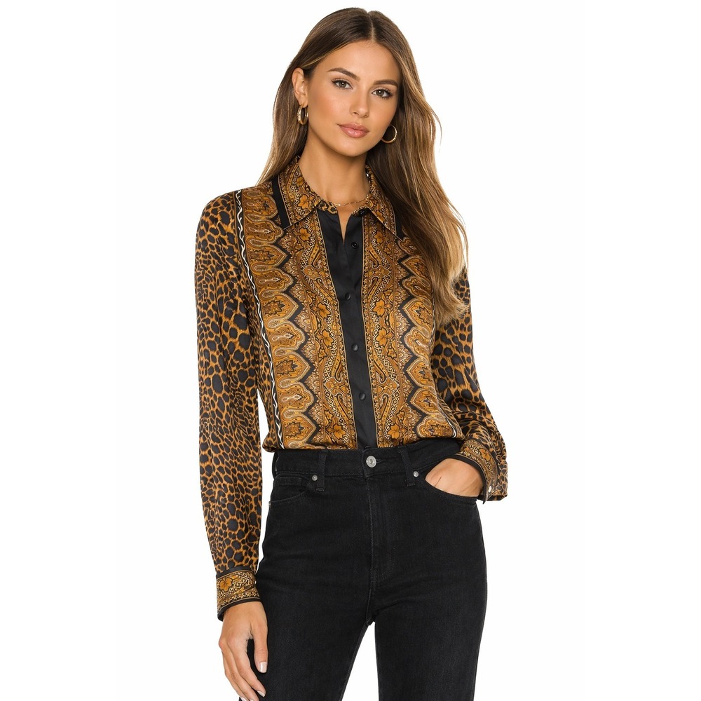 VTG Corey B New York Women's Silk Blouse Size 8 Leopard Paisley Print Gold Black